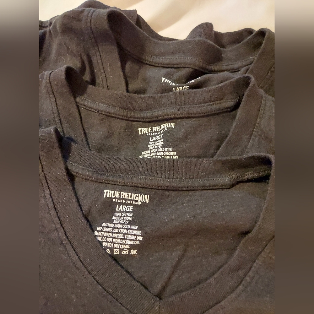 True Religion Black Cotton V-neck T-Shirts with Logo *Set Of 4* - Picture 7 of 10